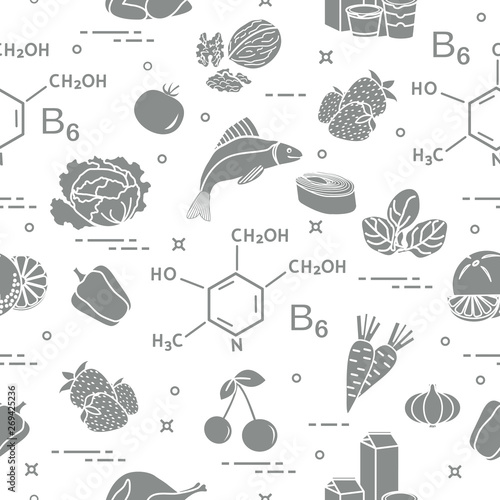 Seamless pattern with foods rich in vitamin B6.