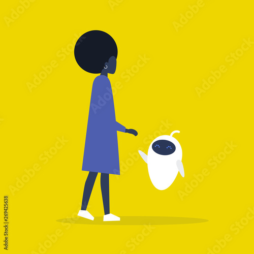 High five hand. Young black female character communicating with a robot. Artificial intelligence. Machine learning. Flat editable vector illustration, clip art