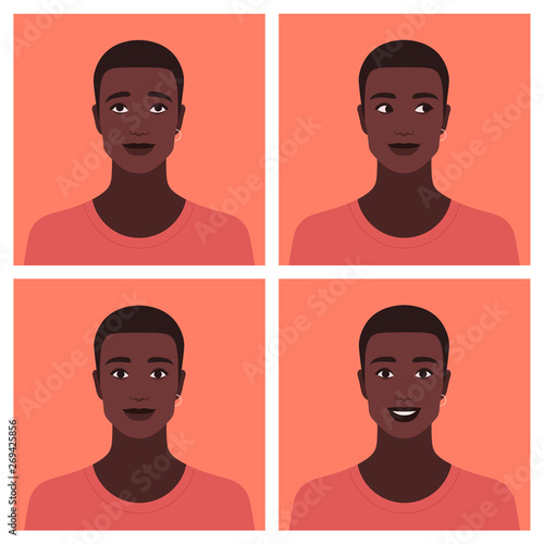 Set of avatars of the African guy. Different emotions: happiness, curiosity, dreaming and calm. Vector flat illustration