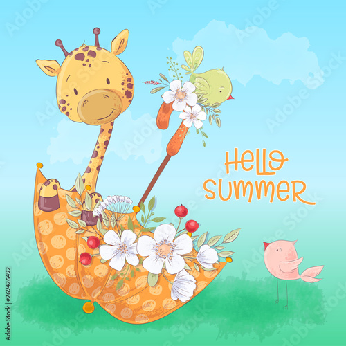 Postcard poster of a cute giraffe and birds in an umbrella with flowers in cartoon style. Hand drawing.