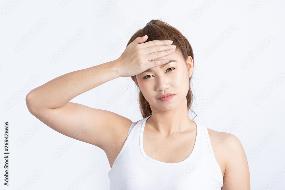 Asian woman stressed and headache feeling so pain and illness,Healthcare Concept,Isolated on white background Asian woman stressed and headache feeling so pain and illness,Healthcare Concept,Isolated on white background