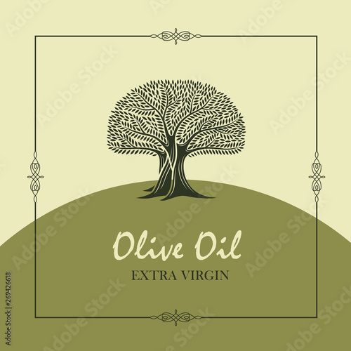 label for extra virgin olive oil with decorative olive tree