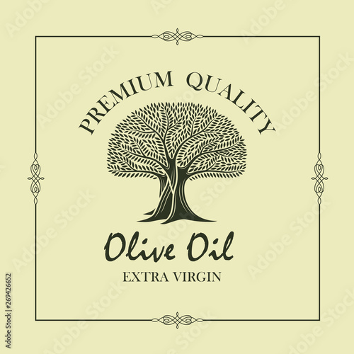 label for extra virgin olive oil with decorative olive tree