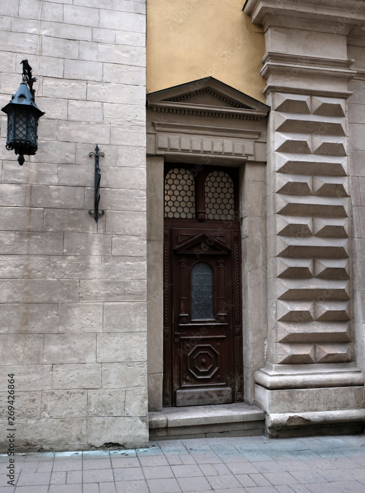 Street in the city of Lviv Ukraine. Antique doors on the face