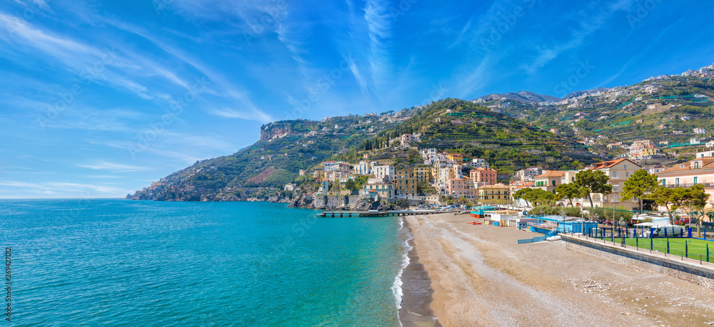 Blue sea and beach in Minori, Amalfi Coast, Campania region of Italy.