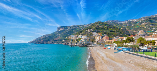 Blue sea and beach in Minori, Amalfi Coast, Campania region of Italy.