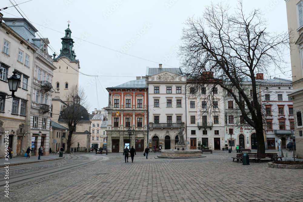 Beautiful Square in the Old Town. Street in the city of Lviv Ukraine 03.15.19