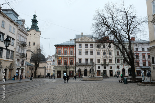 Beautiful Square in the Old Town. Street in the city of Lviv Ukraine 03.15.19