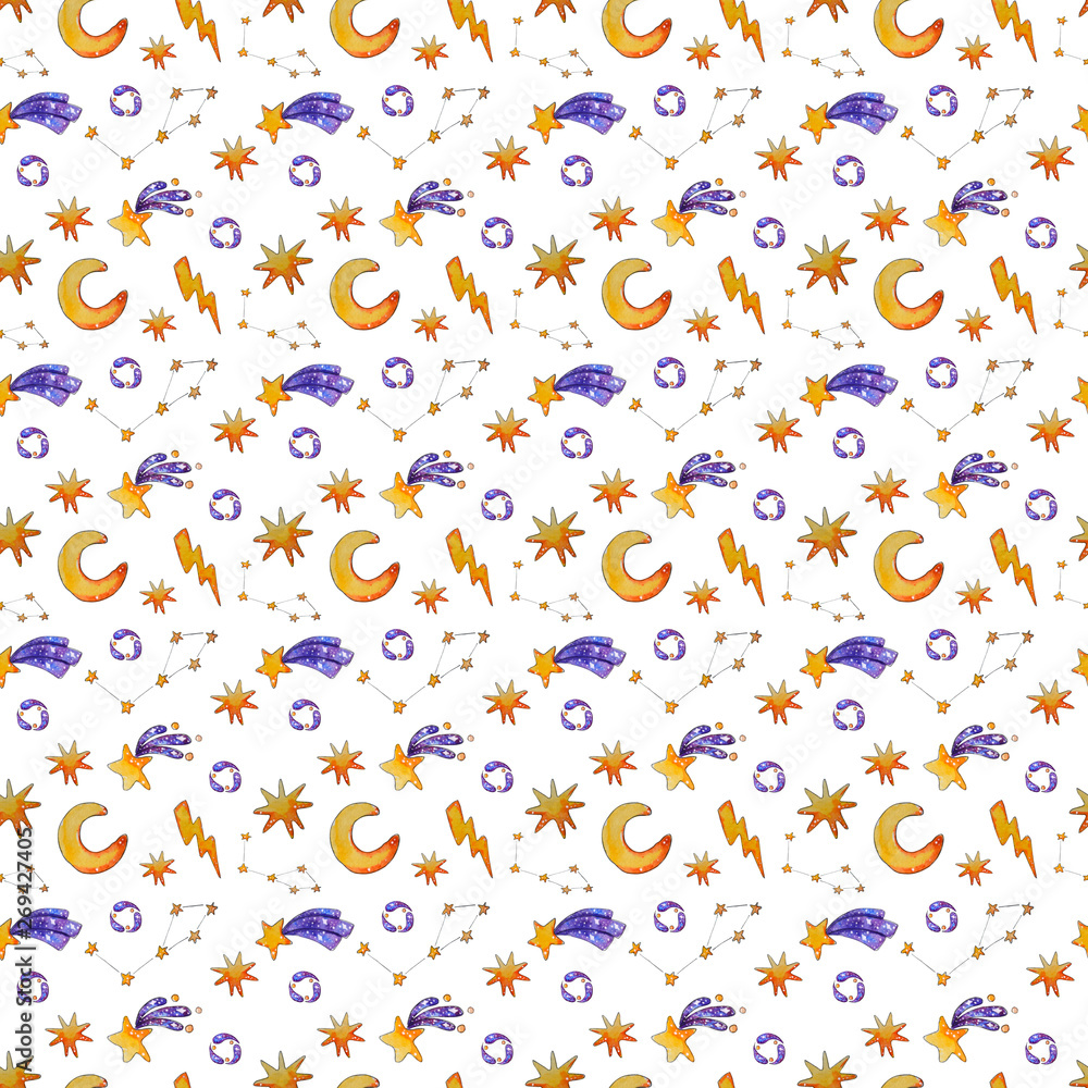 Hand painted watercolor space seamless pattern. Hand painted watercolor space seamless pattern.