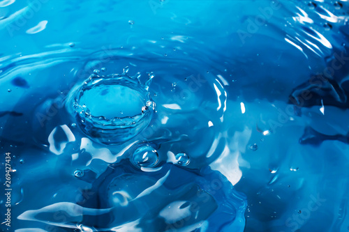 Drop of water. Blue water drop. Falling water. Water splash close-up. Rain close up.