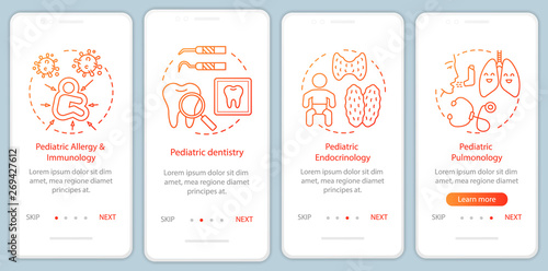 Pediatric services onboarding mobile app page screen with linear concepts