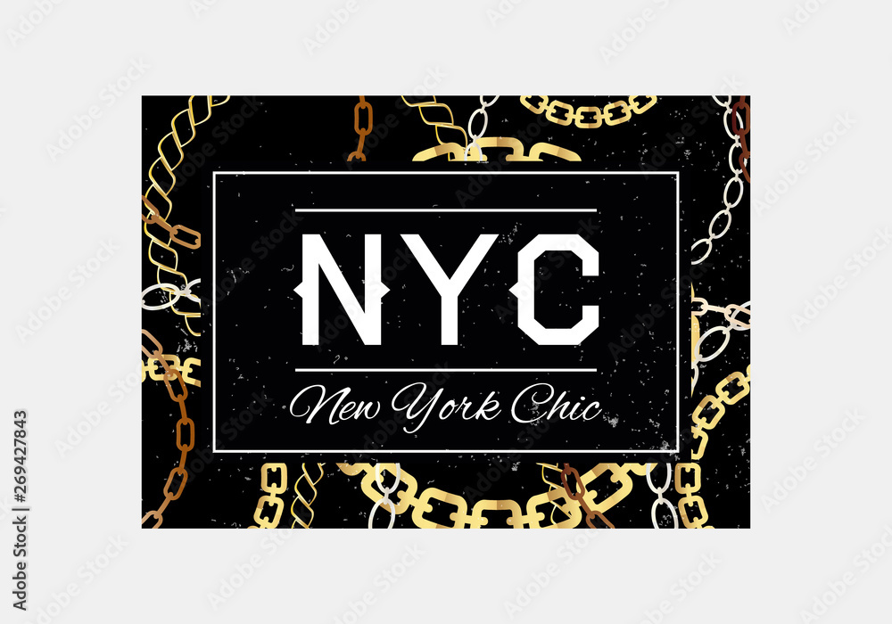 NYC slogan typography on gold chain pattern background. Fashion t-shirt design. Girls tee shirt trendy print. NYC slogan typography on gold chain pattern background. Fashion t-shirt design. Girls tee shirt trendy print.