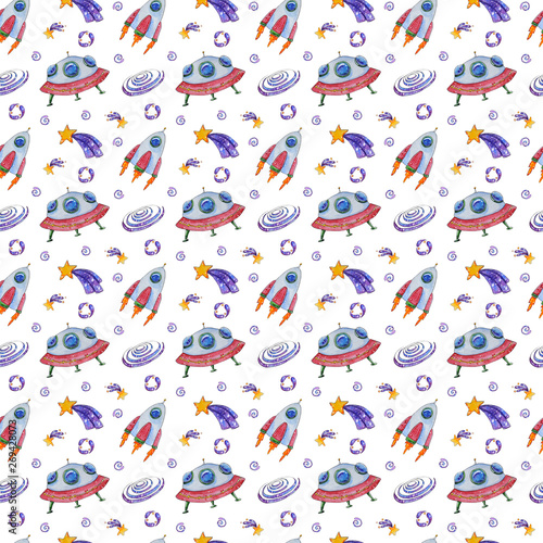 Hand painted watercolor space seamless pattern.