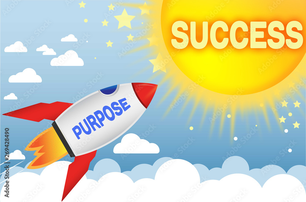 Obraz premium Purpose connects to success in business,work and life - symbolized by a cartoon style funny drawing with blue sky, yellow sun and red rocket, 3d illustration