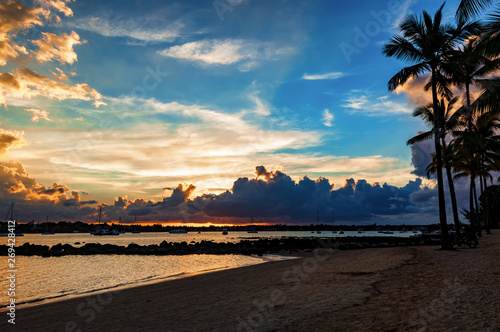 beautiful view of the sea beach in summer at sunset