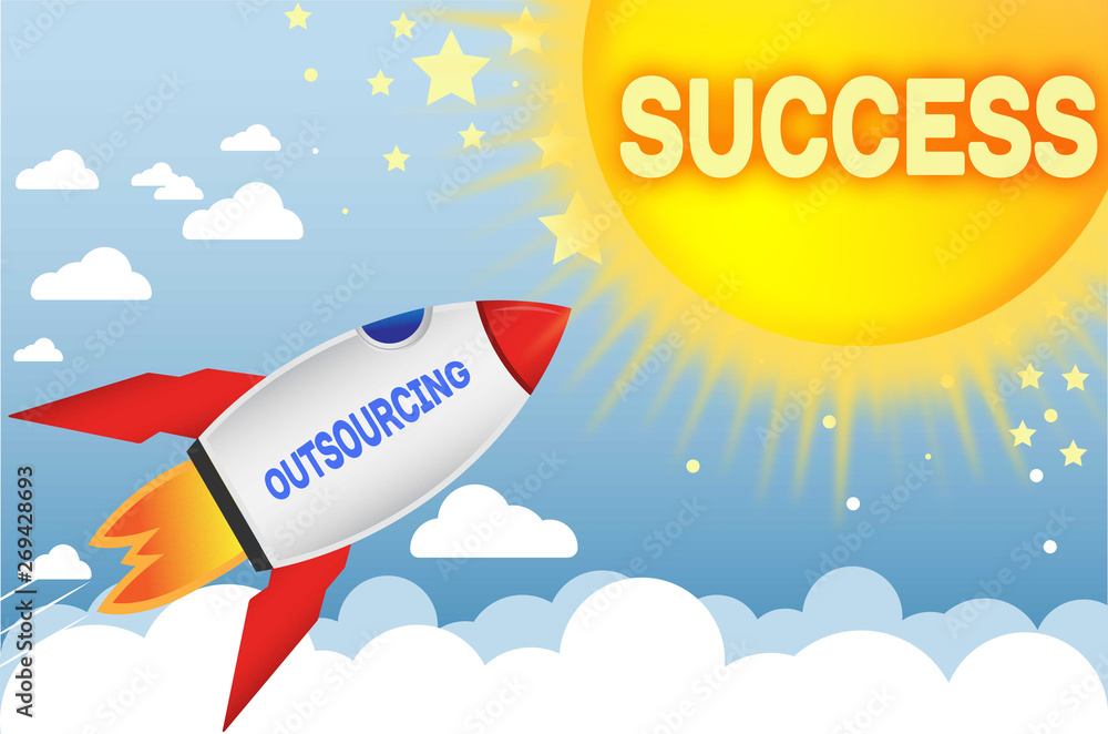 Outsourcing connects to success in business,work and life - symbolized by a cartoon style funny drawing with blue sky, yellow sun and red rocket, 3d illustration Outsourcing connects to success in business,work and life - symbolized by a cartoon style funny drawing with blue sky, yellow sun and red rocket, 3d illustration