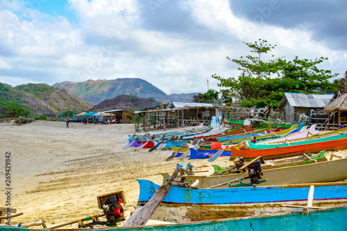 Wallpaper Mural Beautiful scene on best beach with colourful boats, ocean bay Mawun in island Lombok, tropic beach with no people Torontodigital.ca