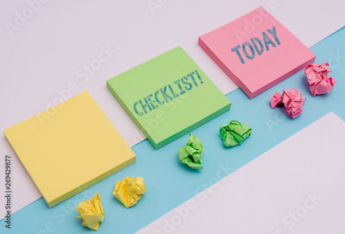 Word writing text Checklist. Business photo showcasing list items required things be done or points considered Note papers and stationary placed sideways on top of softhued backdrop