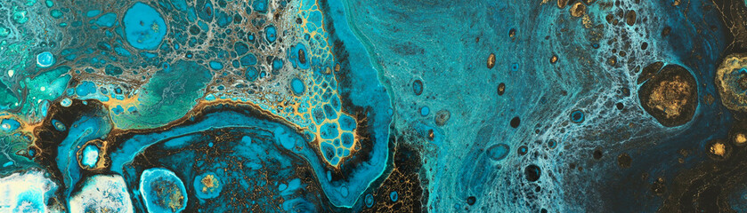Foto auf Leinwand Küche Abstrakter marmorierter Effekthintergrund. Blaue kreative Farben. Schöne Farbe mit dem Zusatz von Gold  © tomertu