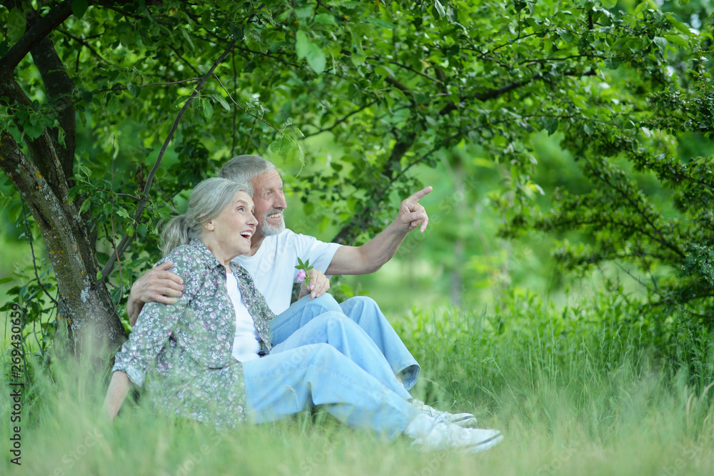 Nice mature couple sitting on green grass in summer park Nice mature couple sitting on green grass in summer park