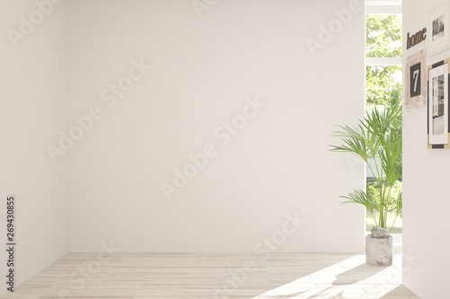 Empty room in white color. Scandinavian interior design. 3D illustration