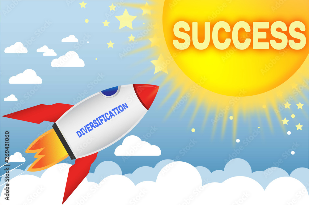 Diversification connects to success in business,work and life - symbolized by a cartoon style funny drawing with blue sky, yellow sun and red rocket, 3d illustration Diversification connects to success in business,work and life - symbolized by a cartoon style funny drawing with blue sky, yellow sun and red rocket, 3d illustration