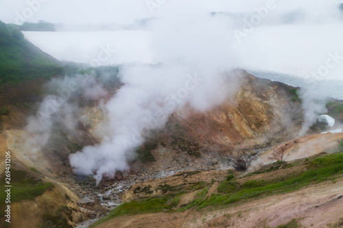 A small valley of geysers near the Mutnovsky geo power station in Kamchatka © alexandr_usik