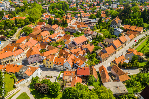 Panoramic view of the town of Samobor in Croatia from drone, old houses in city center