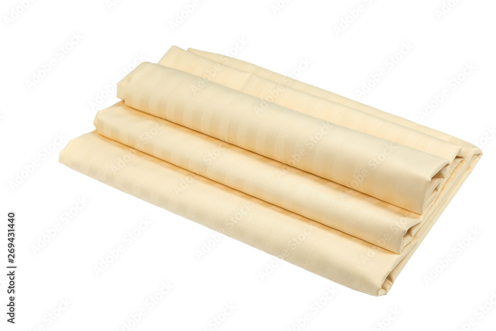 textile and texture concept. Cotton fabric structural with development by a strip of yellow color. Fabric is accurately put a rectangular shape. White background textile and texture concept. Cotton fabric structural with development by a strip of yellow color. Fabric is accurately put a rectangular shape. White background