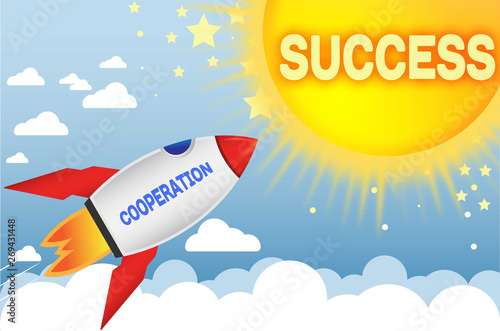 Cooperation connects to success in business,work and life - symbolized by a cartoon style funny drawing with blue sky, yellow sun and red rocket, 3d illustration