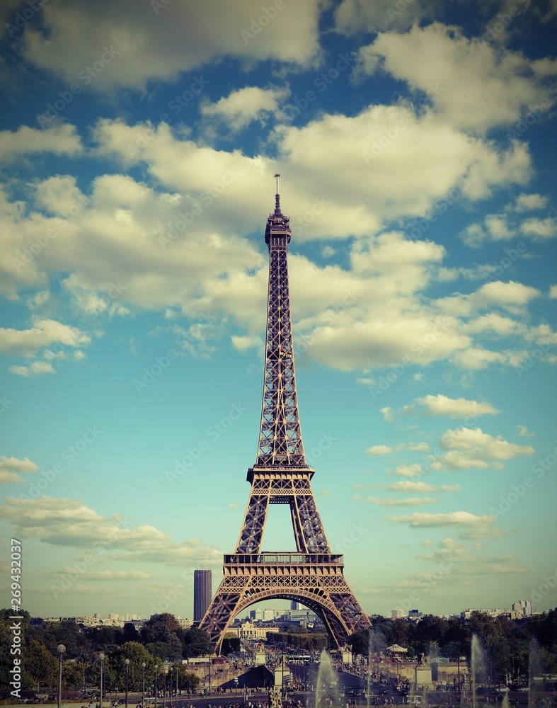 Fototapeta premium French Panorama with Eiffel Tower and old Toned Effect