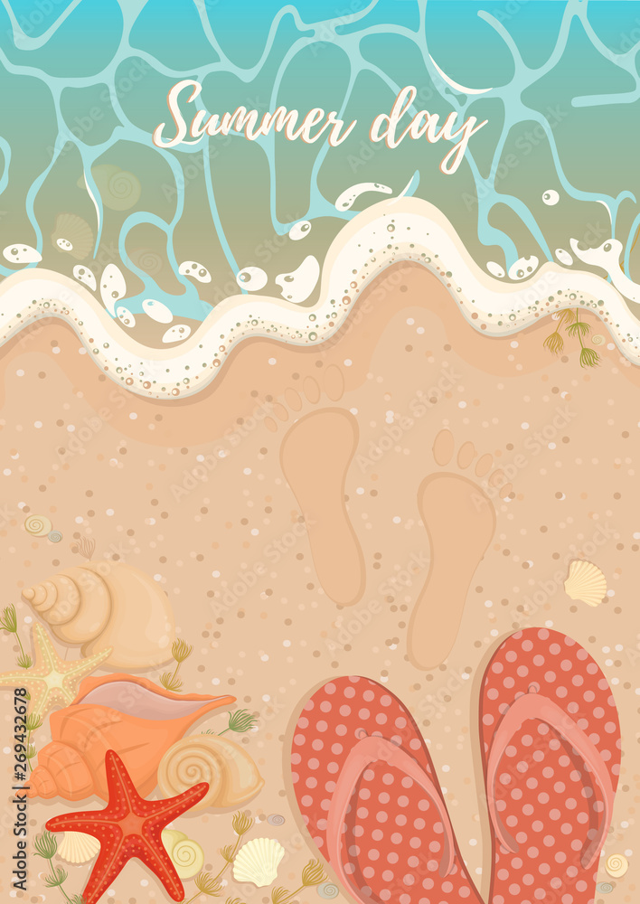 Sandy beach with azure foam wave of starfish shells and algae Slippers on the beach. Background with sandy beach azure foam wave for summer design