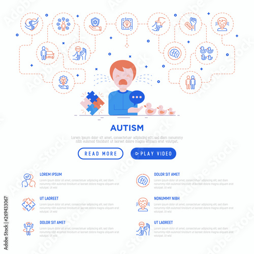 Autism symptoms and adaptive skills: child is crying in hysterics. Web page template with thin line icons: repetitive behavior, stereotypy, ignoring of danger, autoaggression. Vector illustration.