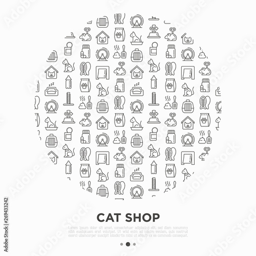 Cat shop concept in circle with thin line icons  bags for transportation  hygiene  collars  doors  toys  feeders  scratchers  litter  shack  training. Modern vector illustration for print media.