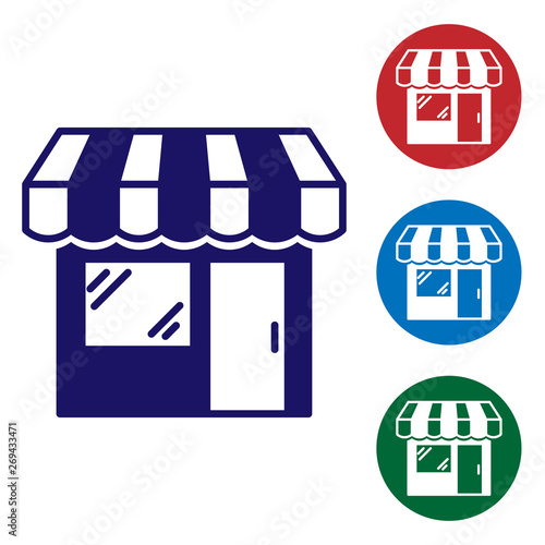 Blue Shopping building or market store icon isolated on white background. Shop construction. Set color icon in circle buttons. Vector Illustration