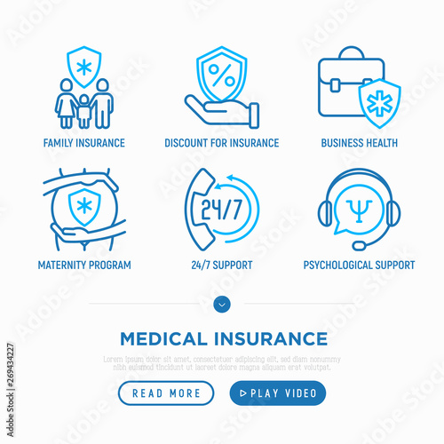 Medical insurance thin line icons set: life insurance, psychological support, maternity program, 24/7 support, business health. Modern vector illustration.