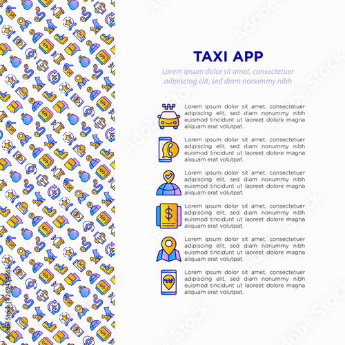 Taxi app concept with thin line icons: payment method, promocode, app settings, info, support service, phone number, destination, airport transfer, baby seat. Vector illustration for print media.