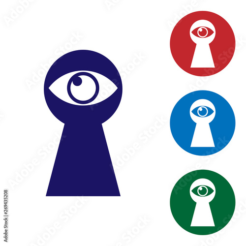 Blue Keyhole with eye icon isolated on white background. The eye looks into the keyhole. Keyhole eye hole. Set color icon in circle buttons. Vector Illustration