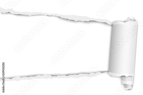 Torn elongated hole from left to right in white paper with paper curl. Vector paper mock up.