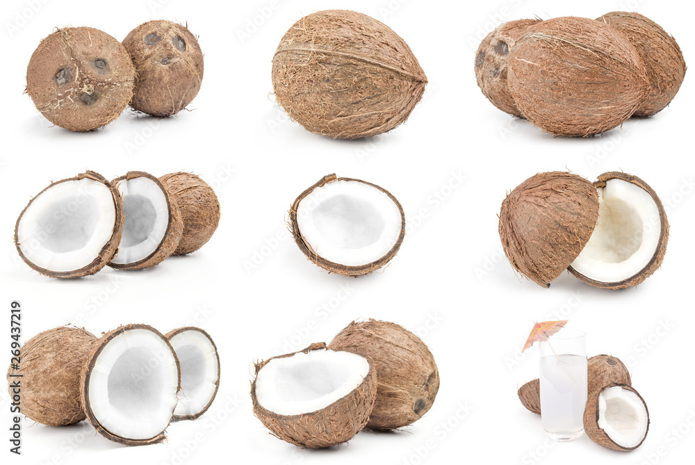 Collection of coconut on a white background cutout Collection of coconut on a white background cutout