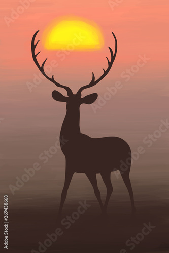  Bright sunset- sunlight summer drawn illustration with deer silhouette on