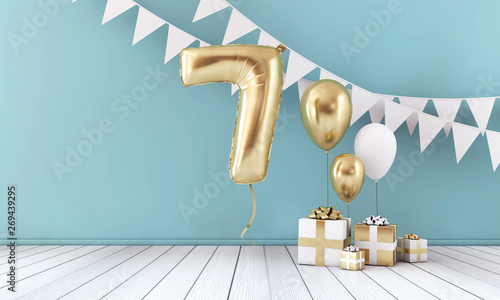 Happy 7th birthday party celebration balloon, bunting and gift box. 3D Render photo