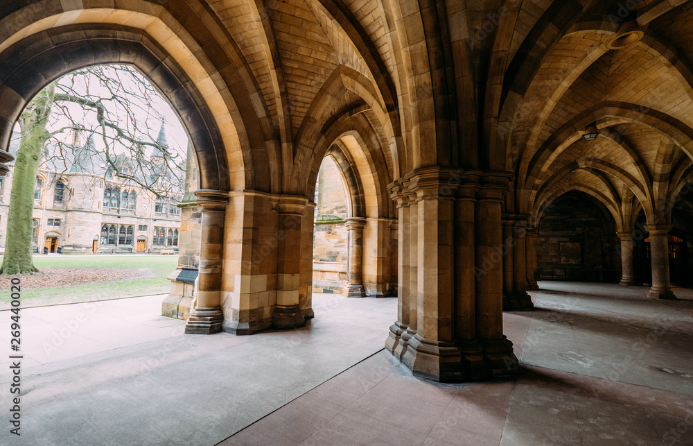 The Cloisters (also known as The Undercroft) - iconic part of the University of Glasgow main biulding in Glasgow, Scotland, United Kingdom.