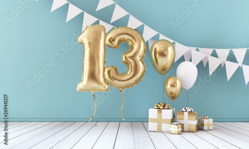 Photography Happy 13th birthday party celebration balloon, bunting and gift box