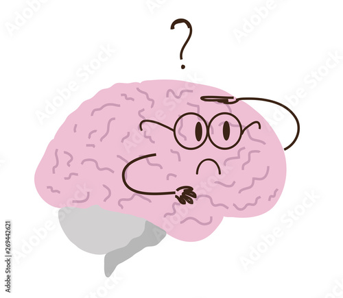 Funny brain is looking for an answer on a white background.  