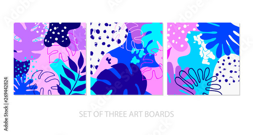 Set of three square card with abstract shapes and tropical leaves.