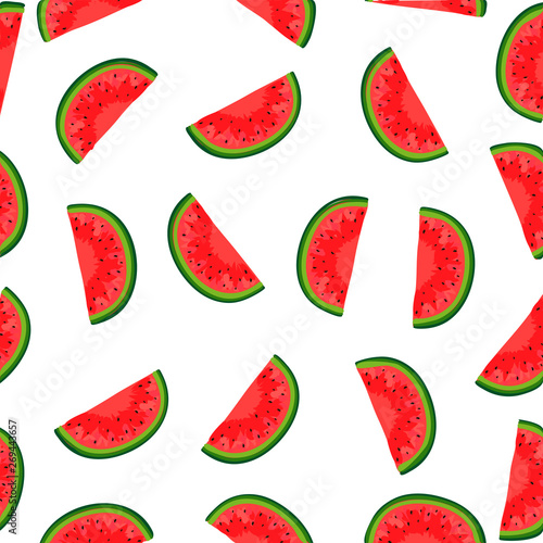 Vector watermelon background with black seeds. Seamless watermelons pattern. Vector background with watercolor watermelon slices. Cute seamless vector pattern with watermelons.