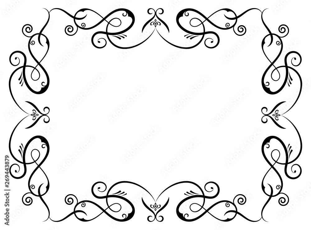 Vector simple black ornamental decorative frame. Calligraphy penmanship curly baroque frame black Vector simple black ornamental decorative frame. Calligraphy penmanship curly baroque frame black