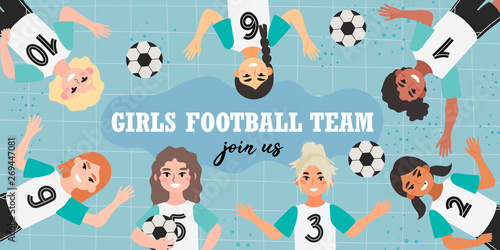 Girl football team banner. Vector illustration of a soccer children team on a blue background. Creative banner, flyer or landing page for a kids football team, club or championship.