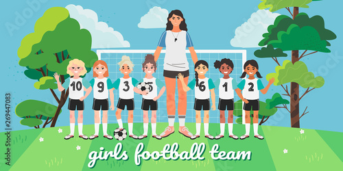 Vector illustration of a girl football or soccer team. Football field picture with children and their coach. Creative banner, flyer or landing page for a kids football team, club or championship.